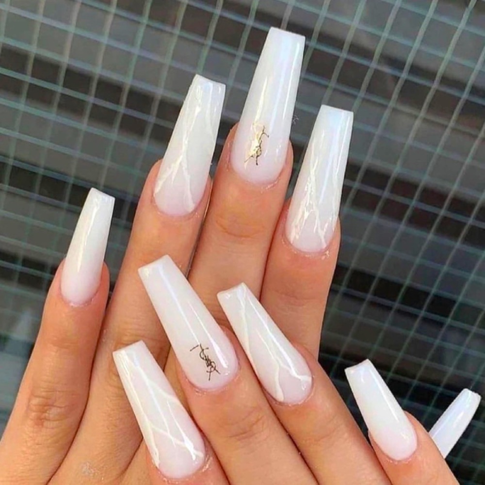 24pc Luxury press on nail Kit| Marble YSL decal Nails| Glossy White Luxury Nails